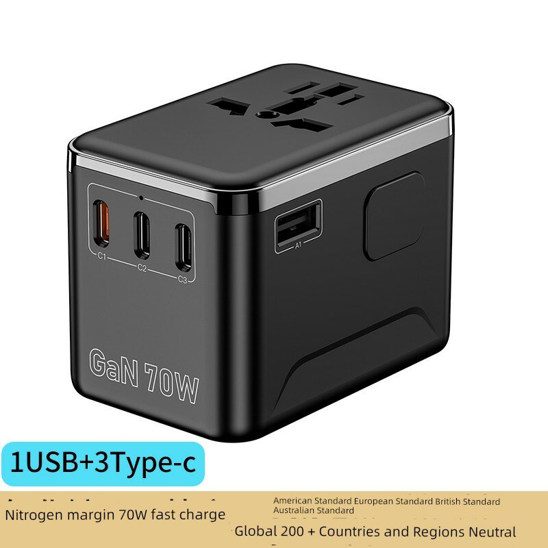 PD 70W GaN быстрая зарядка розетка-переходник с 1 USB и 3 Type-C, универсальная для 224 стран