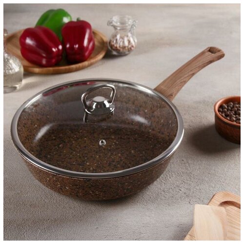 фото Сковорода «титан & гранит», d=24 см, индукционное дно, стеклянная крышка, антипригарное покрытие, цвет камень маруся