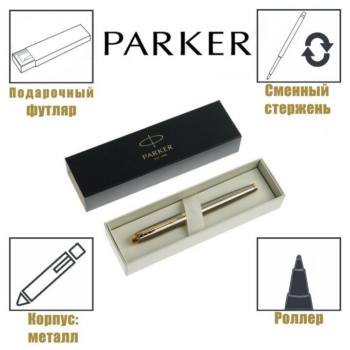 Ручка роллер Parker IM Core Brushed Metal GT T321, серебряный корпус из латуни, матовый лак, чёрные .