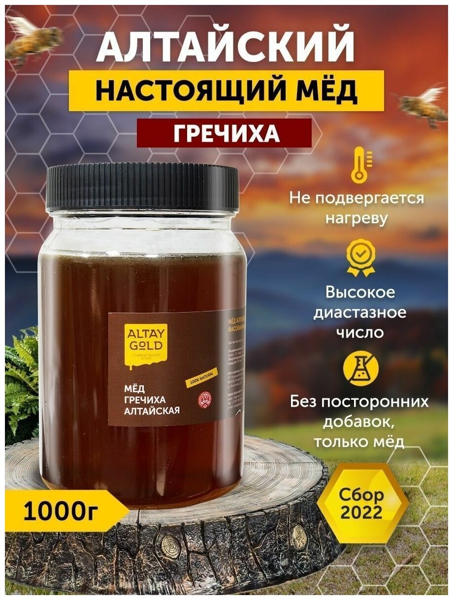 Мед натуральный, Мед Гречишный веганский и вегетарианский продукт, правильное питание Алтайский мед 2022 г., 1000 г