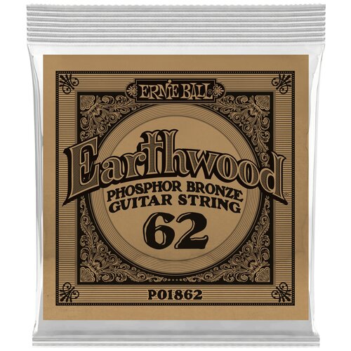 Струна одиночная для акустической гитары Ernie Ball P01862, Серия Earthwood, Калибр: 62, Сердцевина: шестигранник; сталь, покрытая латунью ernie ball 1868 одиночная струна для акустической гитары earthwood phosphor bronze