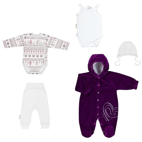 фото Комплект одежды lucky child для девочек, комбинезон и чепчик и брюки и боди, повседневный стиль, подарочная упаковка, размер 40/18 (56-62), фиолетовый, белый