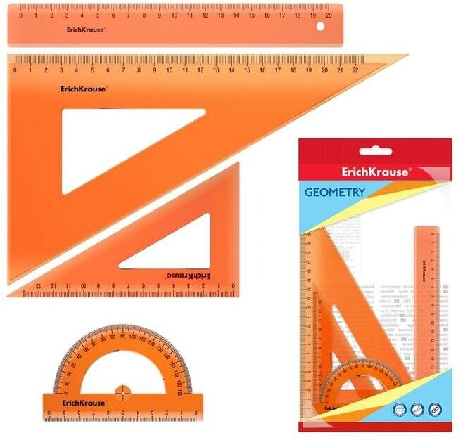Набор чертежный средний 4 предмета ErichKrause (линейка 20 см, угольник 13 см и 22 см, транспортир) оранжевый
