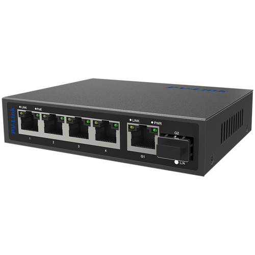 PV-POE04G1S1 PV-Link v.2068 - 6 портовый коммутатор 4хРоЕ 802.3af/at 10/100 Мбит/с, 1 LAN 1 Гбит/с, 1xSFP, выход суммарно 65 Вт terow сетевой коммутатор с 6 портами poe 48 в сетевой коммутатор с 4 poe стандартами для ip камеры беспроводной точки доступа системы камеры видеон