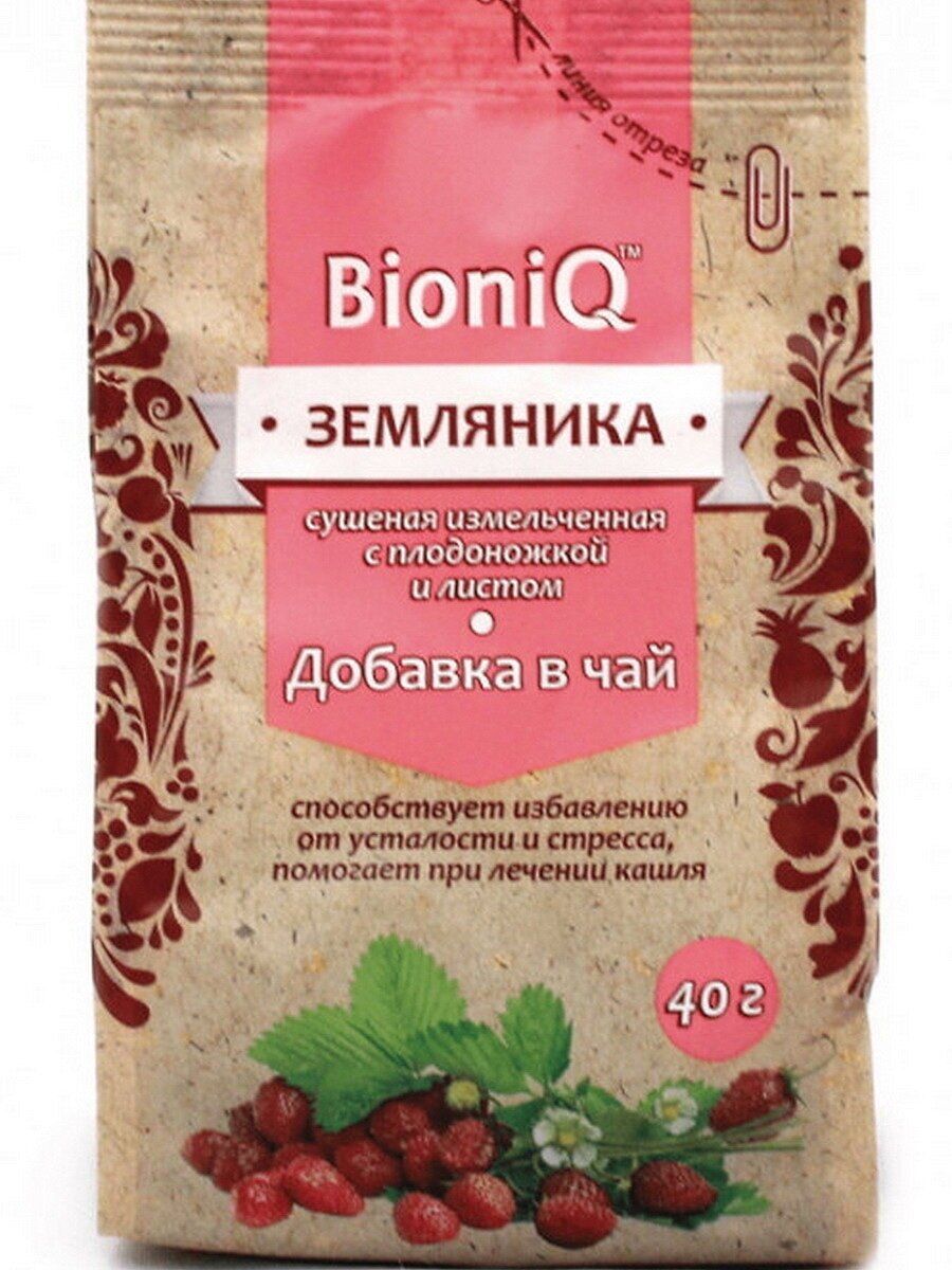 Земляника сушеная измельченная с плодоножкой и листом "BioniQ", 40 гр