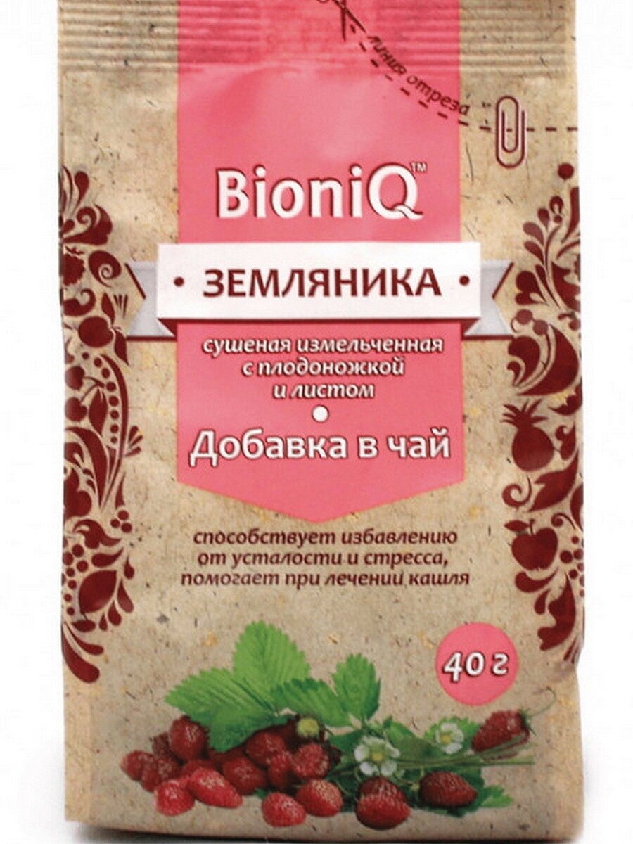 Земляника измельченная сушеная с плодоножкой и листом "BioniQ", 40 гр