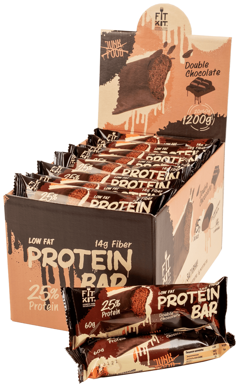 Fit Kit Протеиновый батончик без сахара Protein BAR, упаковка 20шт по 60г (Двойной шоколад)