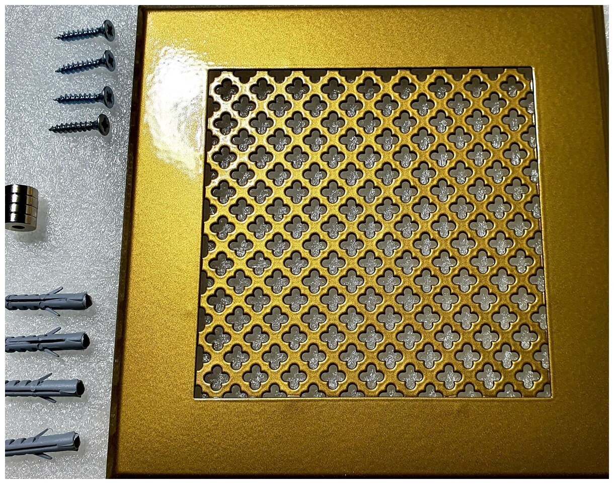 Вентиляционная решетка металлическая на магнитах 150х150мм, тип перфорации мелкий цветок, золотой - фотография № 3