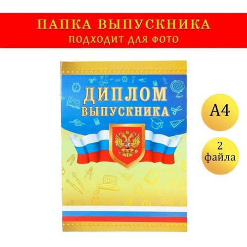 Папка с двумя файлами А4 "Диплом выпускника" герб и триколор на золотом фоне