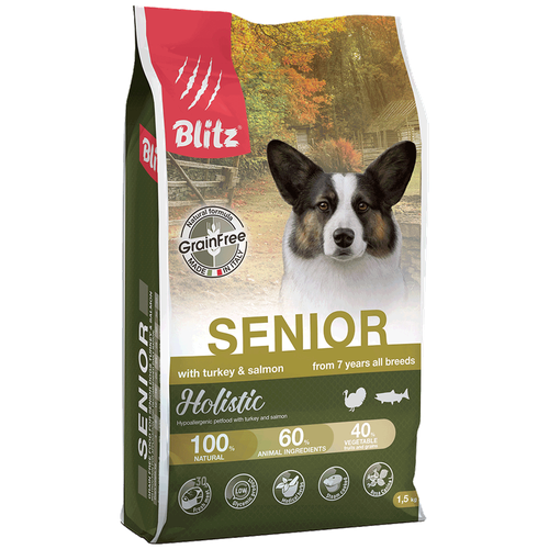 Сухой беззеновой корм для собак старше 7 лет Blitz Holistic Senior Dog Turkey &Salmon Grain Free с индейкой и лососем 1,5 кг.