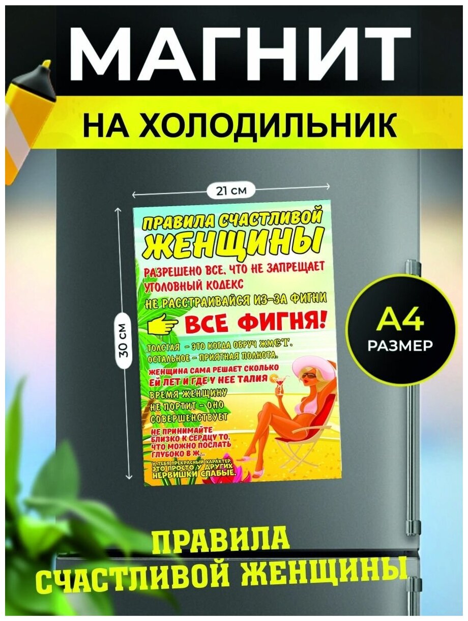 Магнит на холодильник, сувенирный магнит Правила счастливой женщины (21 см х 30 см, зеленый) - фотография № 1