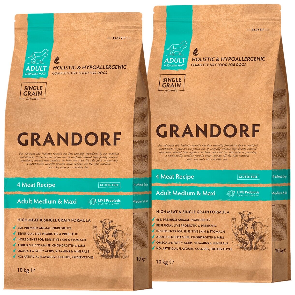GRANDORF SINGLE GRAIN DOG ADULT MEDIUM & MAXI BREEDS 4 MEAT RECIPE низкозерновой для собак с ягненком, индейкой, уткой и кабаном (10 + 10 кг)
