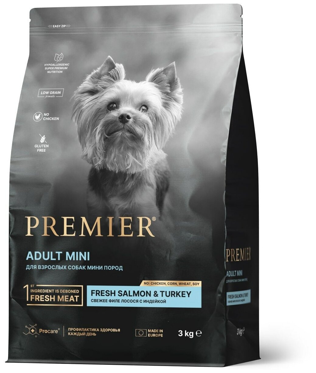 Premier Dog Adult Mini сухой корм для взрослых собак мини пород Лосось и индейка, 3 кг.