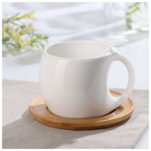 Чайная пара керамическая «Эстет», чашка 220 мл, деревянное блюдце (1шт)