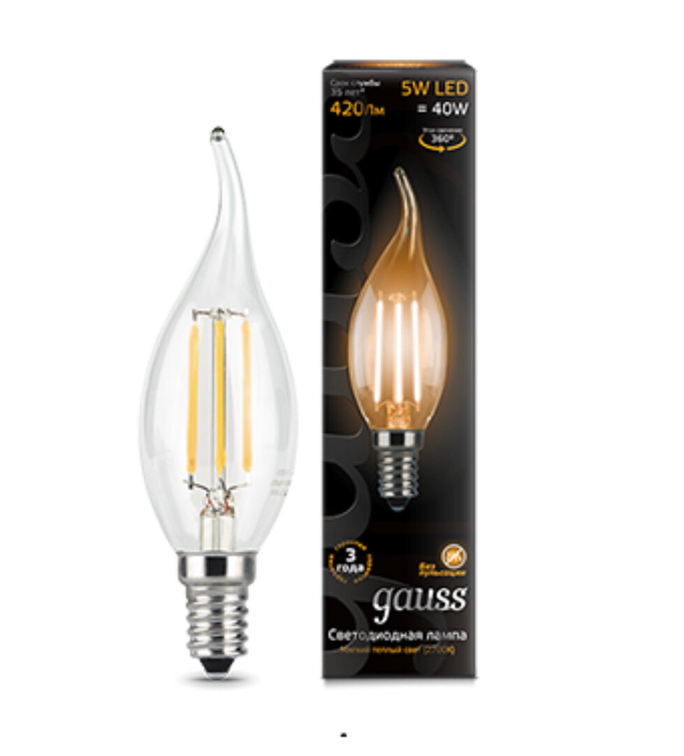 Лампа филам. Gauss Filament 5Вт цок.:E14 свеча 220B 2700K св.свеч.бел.теп. (упак.:10шт) (104801105)