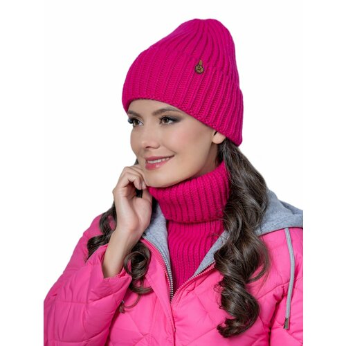фото Шапка бини landre зимняя, шерсть, вязаная, размер 56-59 см, фиолетовый, розовый