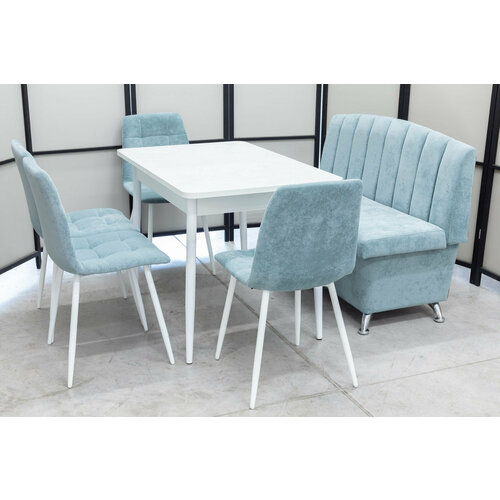 Обеденная группа Альт-3 Кватро, стол белый Ост термопластик, 110(140)х70 см, обивка дивана антивандальная, моющаяся, антикоготь, цвет ментол