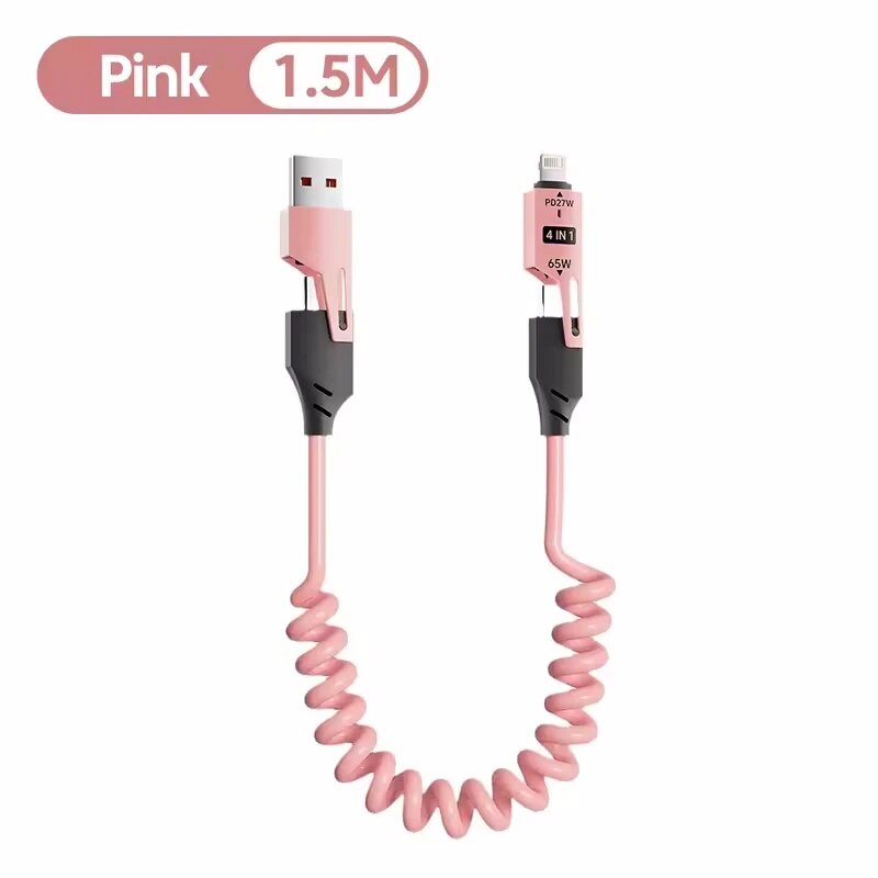 Розовый пружинный USB кабель 1.5M 4 в 1