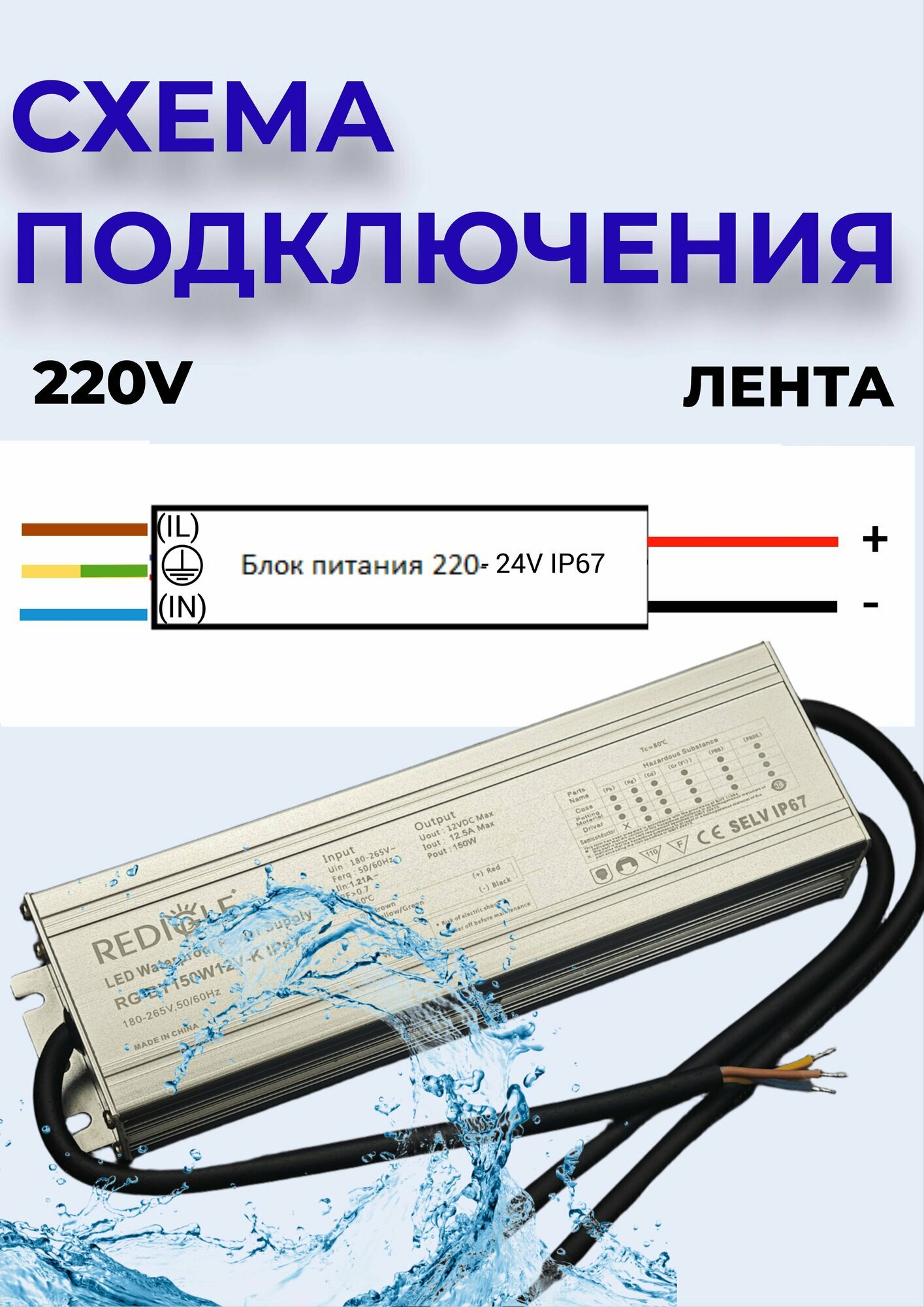 Блок питания герметичный (Трансформатор) для светодиодной ленты 200W-IP67, 24V — фото 1
