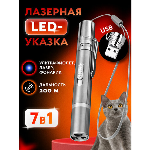 Лазерная указка 7в1, игрушка-дразнилка для кошки со светодиодным фонариком и ультрафиолетом. Ручной фонарь со встроенной зарядкой через USB. Мощная лазер для собак/животных, серебристый