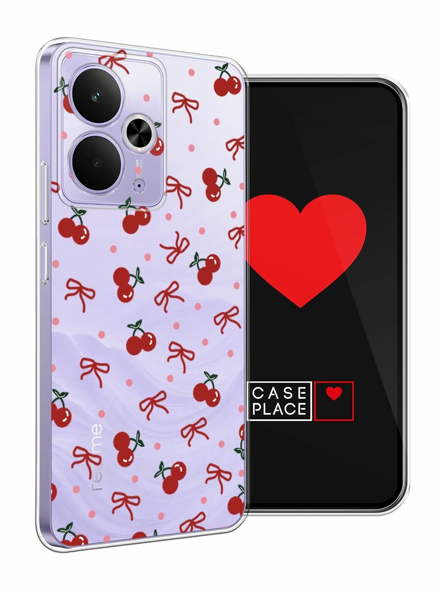 Чехол на Realme 14T / Реалми 14Т с принтом "Вишни и ленточки", прозрачный — фото 1