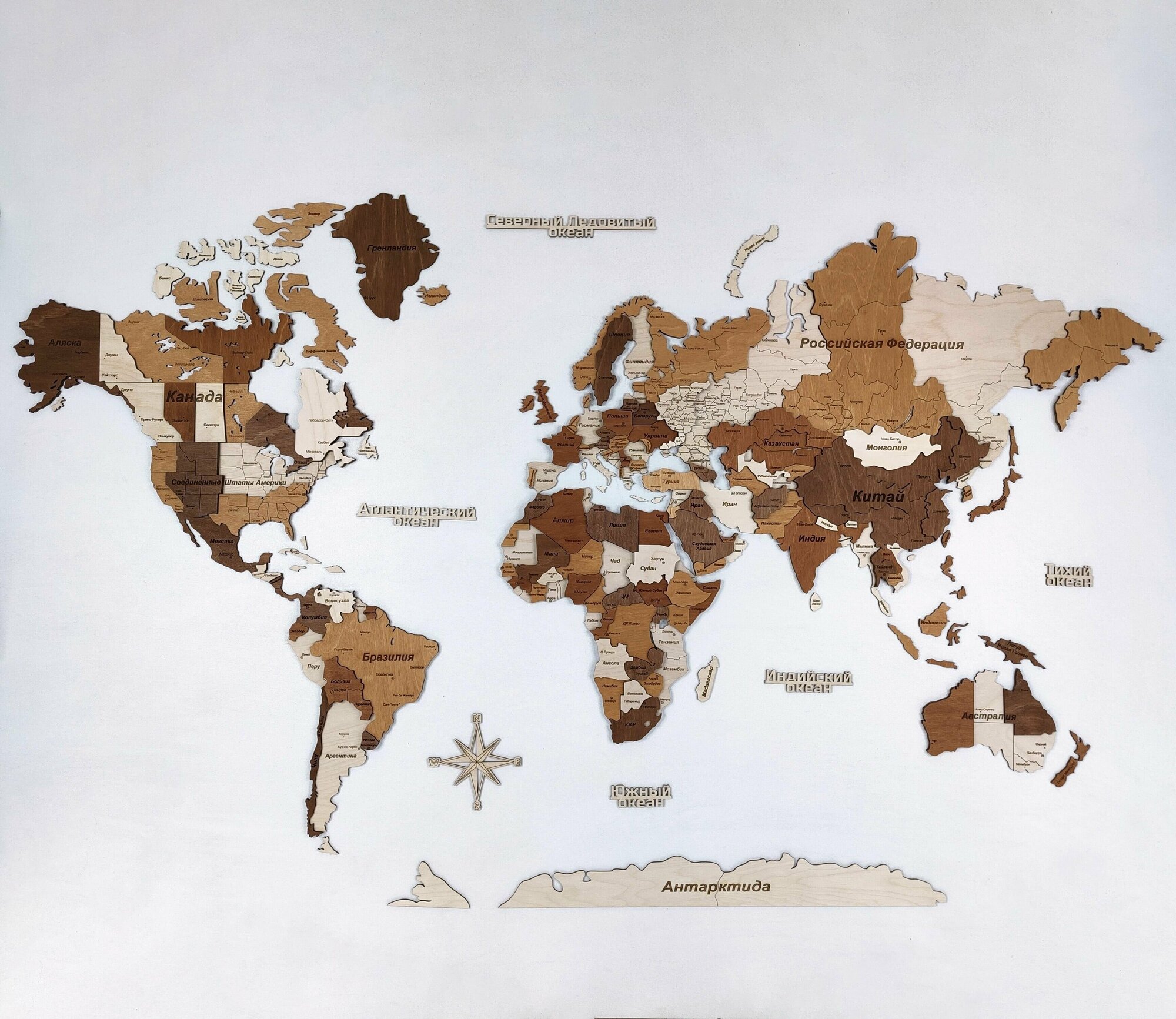 3D Карта мира из дерева 180х110см многоуровневая