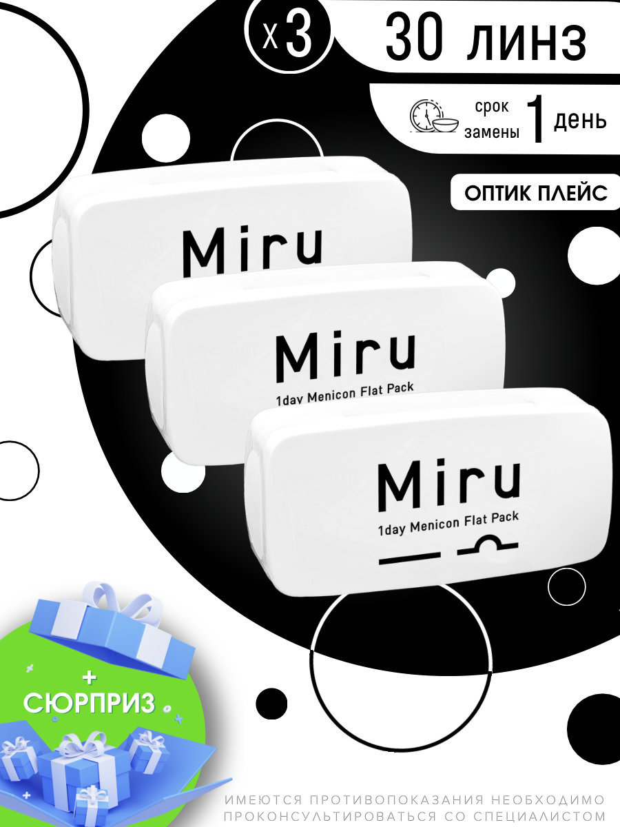 Контактные линзы MIRU 1 Day Menicon Flat Pack (3 упаковки по 30 линз) R. 8.6 -1.50, однодневные, прозрачные