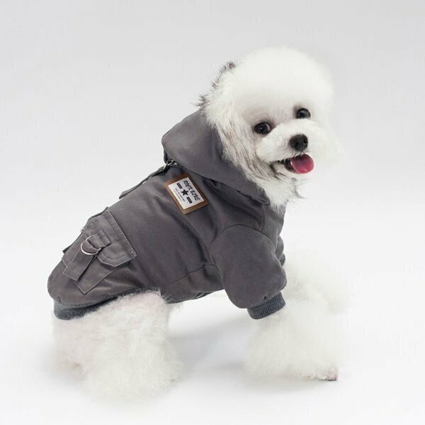 Куртка для собак мелких пород с капюшоном на меху. Парка для собак. Цвет серый. Размер S