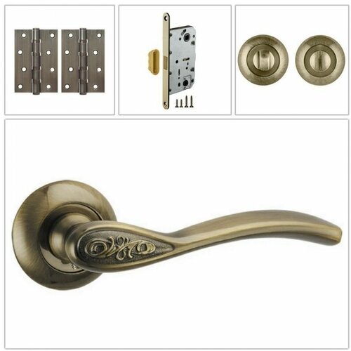 Комплект дверных ручек Punto RUMBA_TL_ABG-6_MAGWC, бронза (ручка + завертка WC + магнитный замок + 2 универсальные петли)
