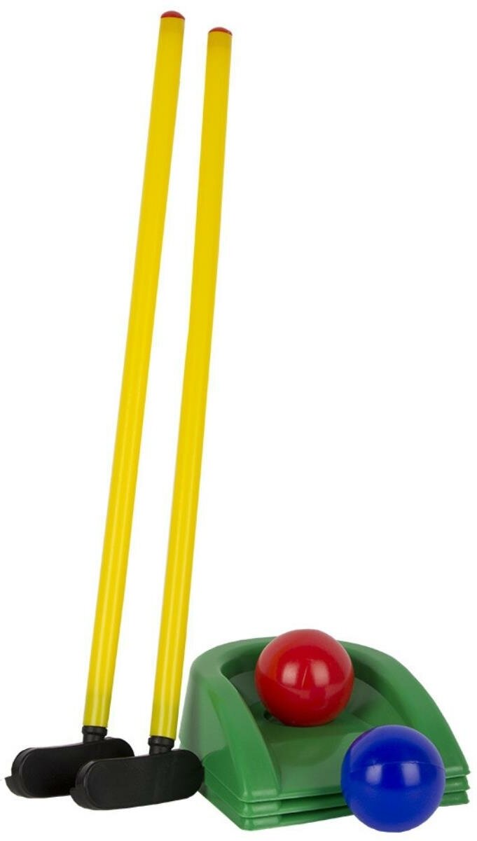 Игра "Мини - гольф" (клюшка 2 шт, лунка 3шт, шар 2шт.), в сетке. Параметры : шар d8см , лунка 21смx1