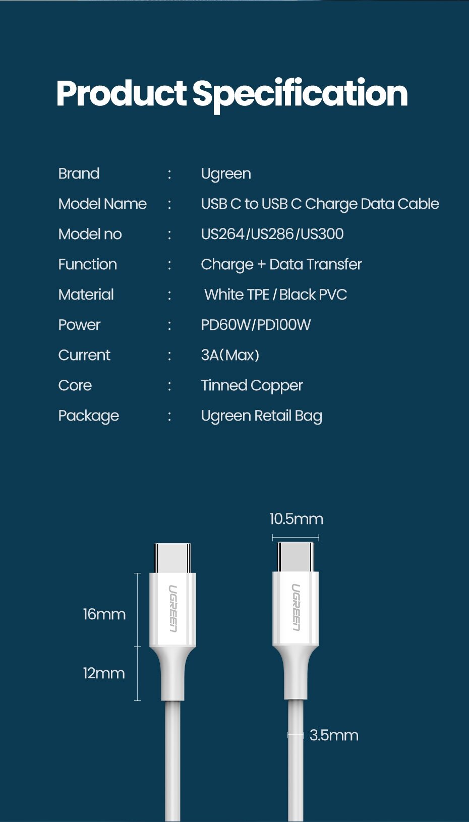 Кабель UGREEN 60519_ USB-C 2.0 Male/USB-C 2.0 Male 3A Data, 1.5м, white - фото №16