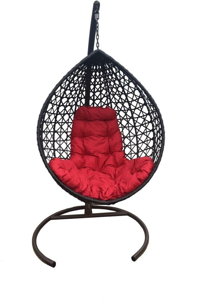 Подвесное кресло кокон с ротангом люкс коричневое, подушка красная