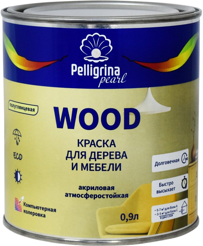 Краска для дерева и мебели Pelligrina Pearl Wood, акриловая, база A, белая, 0,9 л