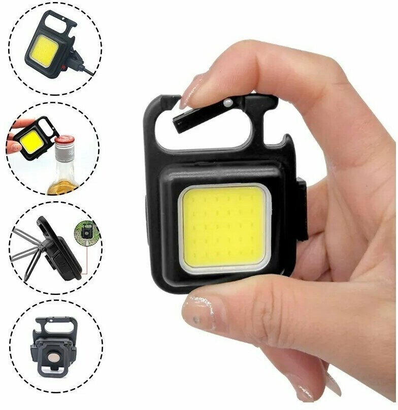 фото Маленький перезаряжаемый мини-фонарик / карманный светодиодный фонарик со складным кронштейном, открывалкой для бутылок и магнитной подставкой