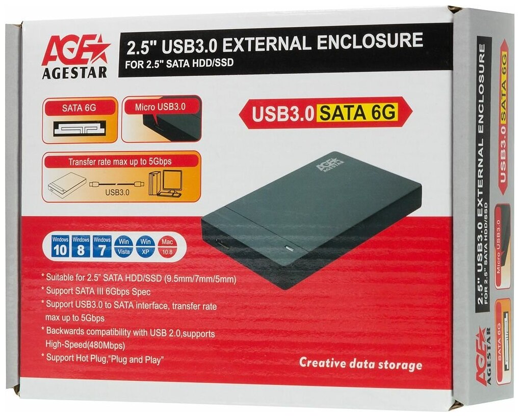 Внешний корпус для HDD/SSD AgeStar 3UB2P3 SATA III USB3.0 пластик черный 2.5"