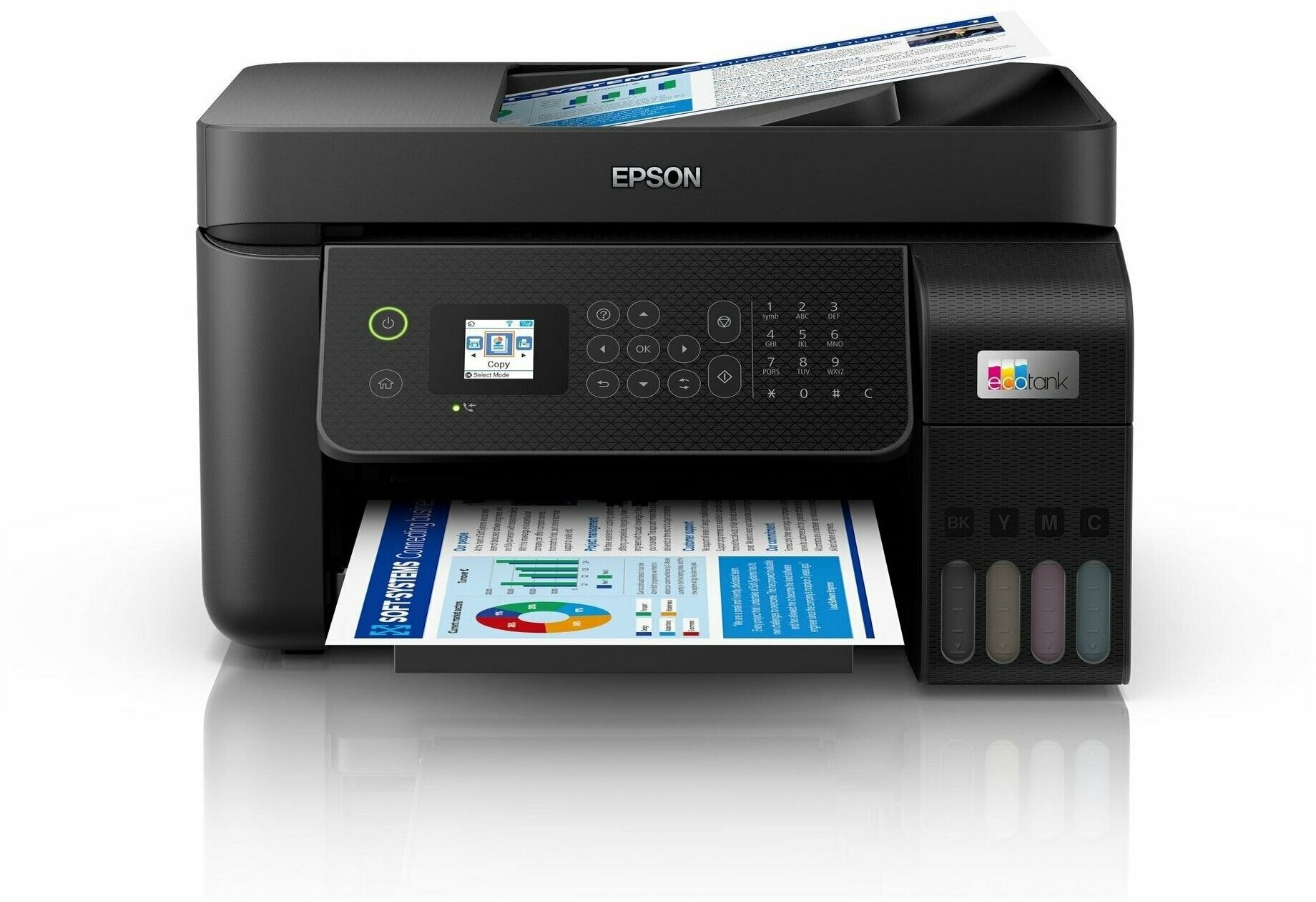 Epson L5290 МФУ А4 цветное: принтер/копир/сканер/факс, 33/15 стр./мин.(чб/цвет), ADF 30 стр., USB/LAN, в комплекте чернила 7 500/4 500 стр.(чб/цвет) (C11CJ65409) - фото №1