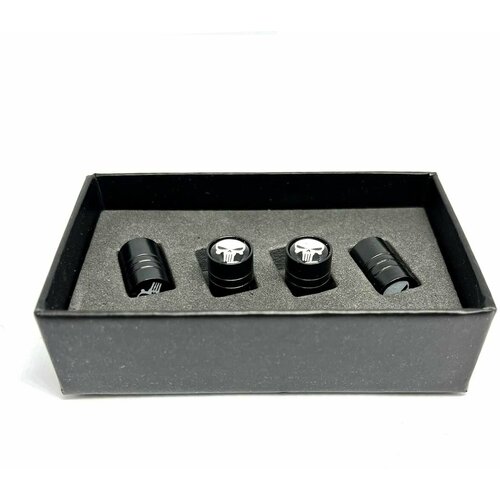 Колпачки на ниппель с логотипом Punisher. Нержавеющий металл. Подарочная упаковка, комплект из 4 штук.