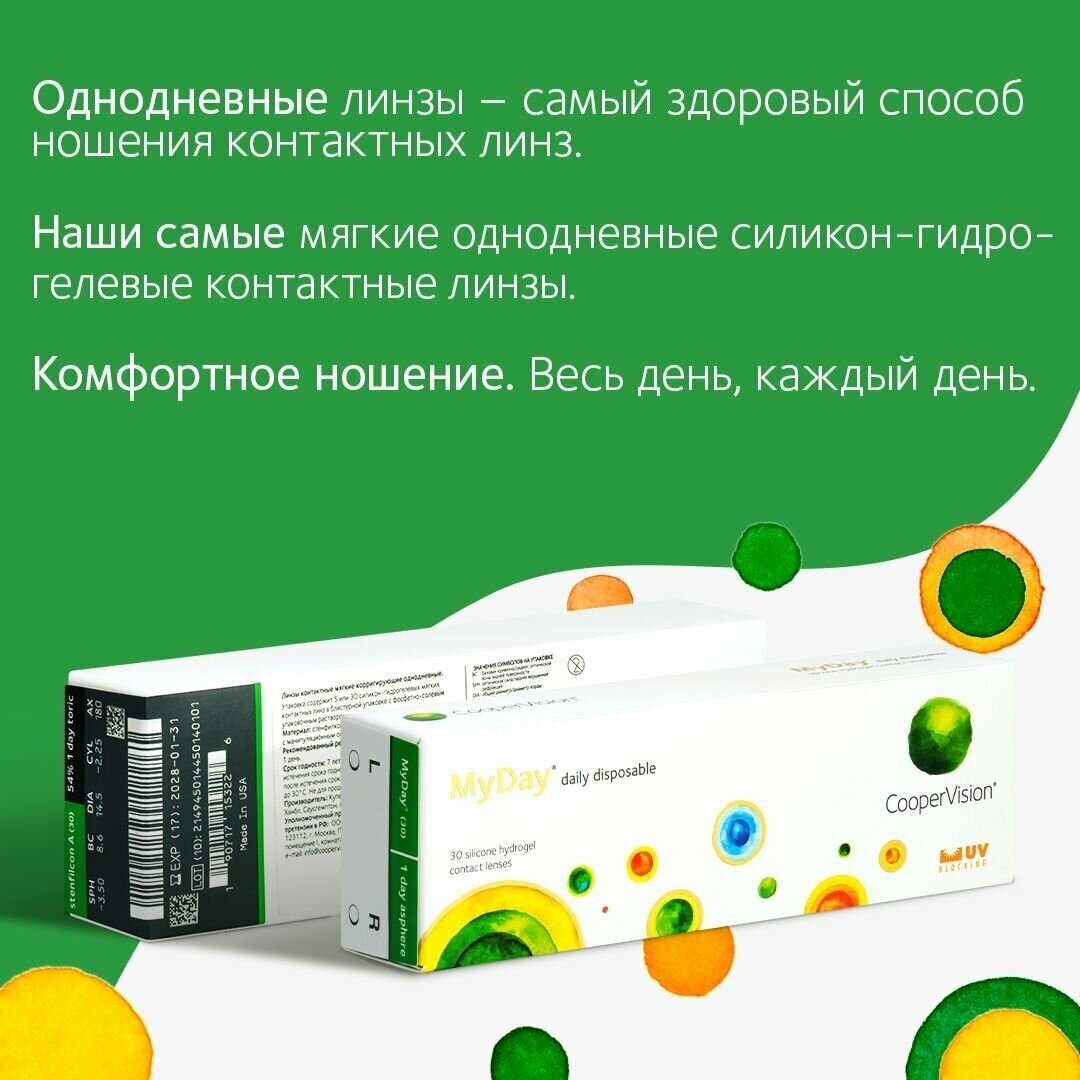 Контактные линзы CooperVision MyDay daily disposable, 30 шт, R 8,4, D -1,75