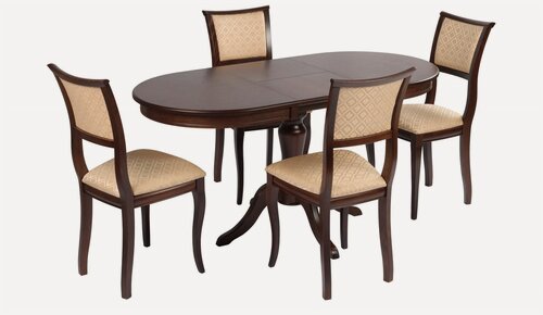 Изображение товара Обеденная группа стол раскладной Анфея 110(150) х 75 см, Темный орех и 4 стула Камир Темный орех/Бежевый жаккард