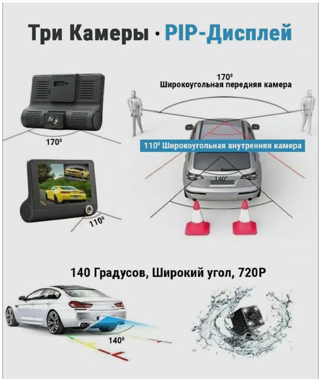 Автомобильный видеорегистратор с 3 камерами VIDEO CARDVR Full HD