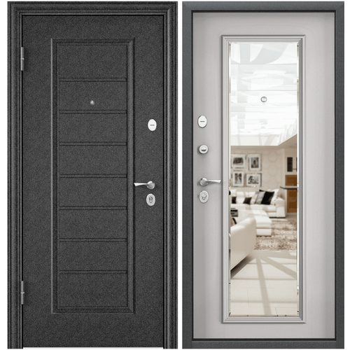 Дверь входная для квартиры Torex Flat-M 950х2050 левая, тепло-шумоизоляция антикоррозийная защита, зеркало, черный/белый дверь входная металлическая diva дх 39 2050х960 левая венге д11 софт шампань тепло шумоизоляция антикоррозийная защита для квартиры