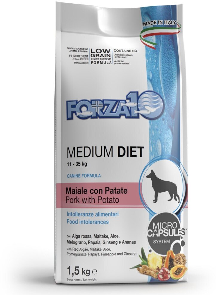 Forza 10 Medium Diet Low Grain Maiale pat (25/14,5) 1,5 kг / Полнорационный диетический корм для взрослых собак средних пород из свинины, картофеля и риса с микрокапсулами 1,5 кг