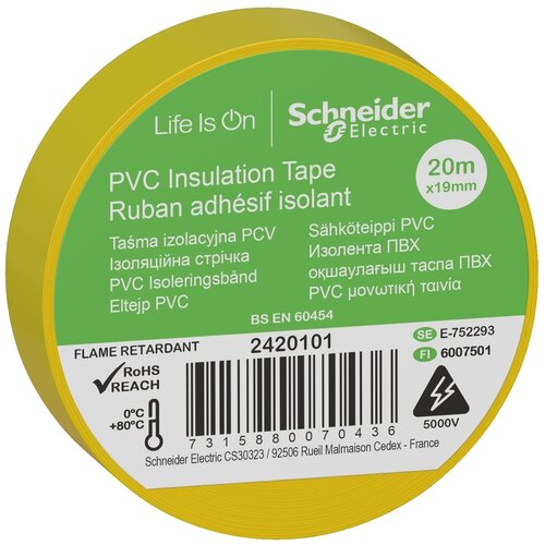 Изолента Schneider Electric 4692/2420, желтый зубр электрик 20 изолента пвх не поддерживает горение 20м 0 16 19мм желтая