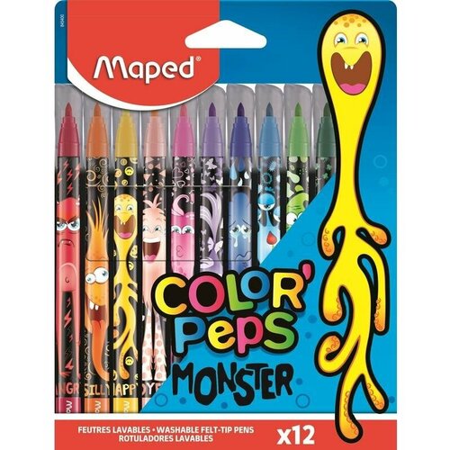 Фломастеры 12 цветов Maped COLOR'PEPS MONSTER, смываемые, с заблокированным пишущим узлом, в картонном футляре, 1 набор