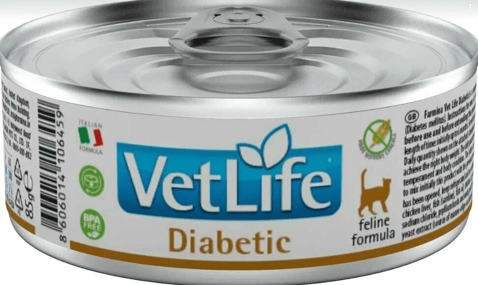 Консервы/влажный корм Farmina Vet Life Natural Diet Cat Diabetic для кошек всех пород при диабете, (85 гр*12 шт)