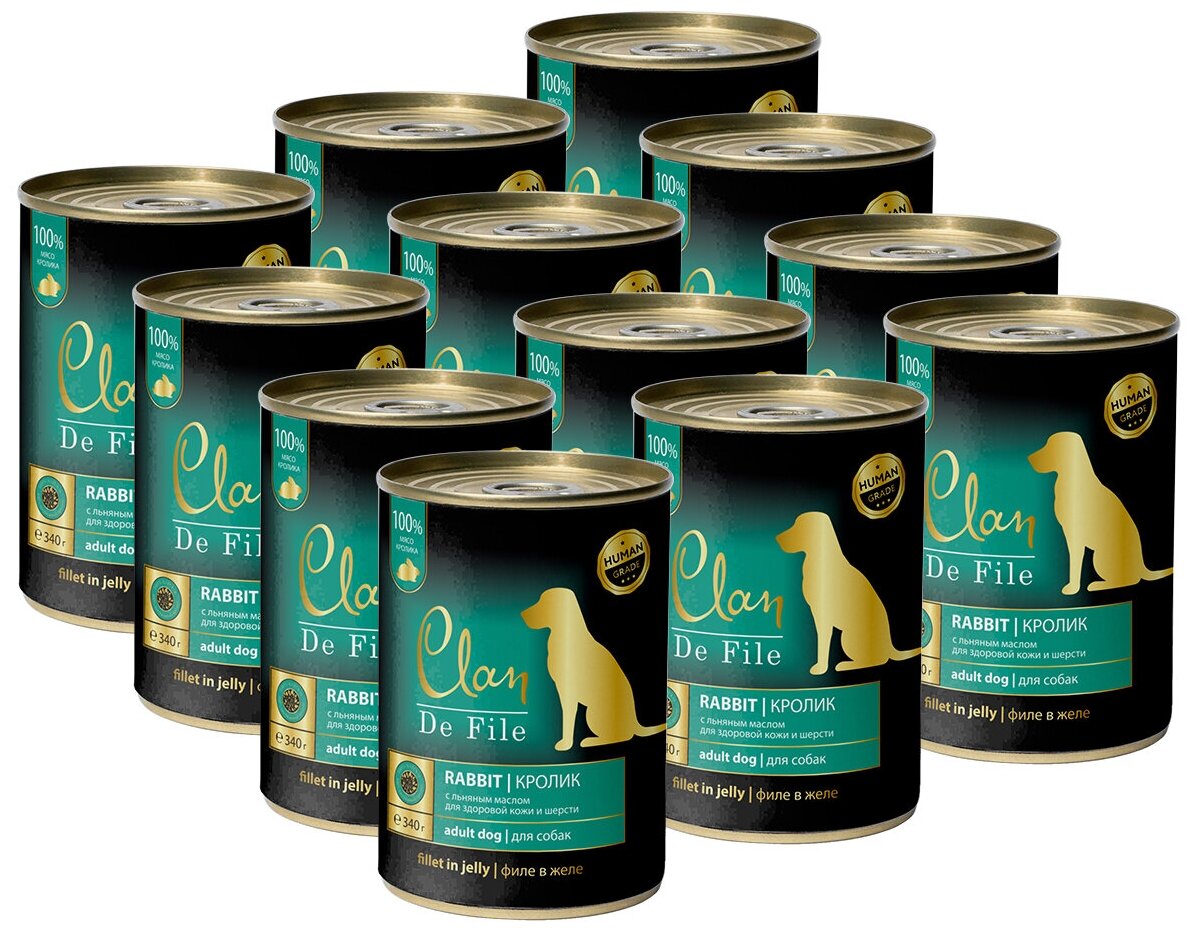 CLAN DE FILE монобелковые для взрослых собак с кроликом и льняным маслом (340 гр х 12 шт)