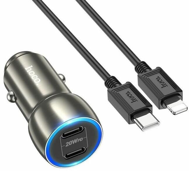 Автомобильное зарядное устройство USB-C Hoco Z48 (40W/QC3.0/PD/2 порта/кабель USB-C-Lightning) <серый>