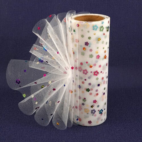 Фатин с блестками Цветочки 15см белый 9м 540₽