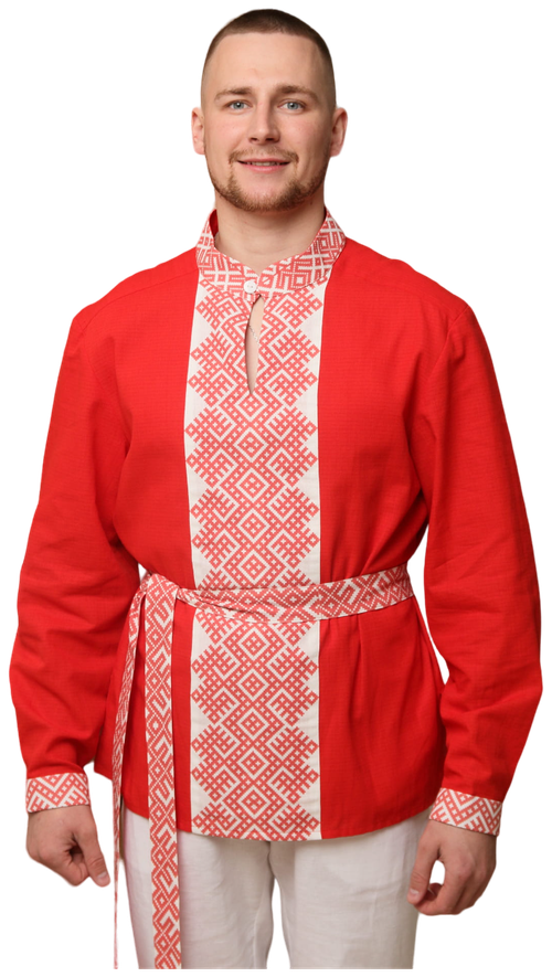 Русская рубаха мужская славянская народная рубашка длинная красная лён Ясный Сокол, 50 размер