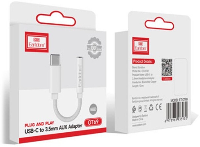 Аудио адаптер Earldom ET-OT69 3.5мм на Type-C (белый) — фото 1